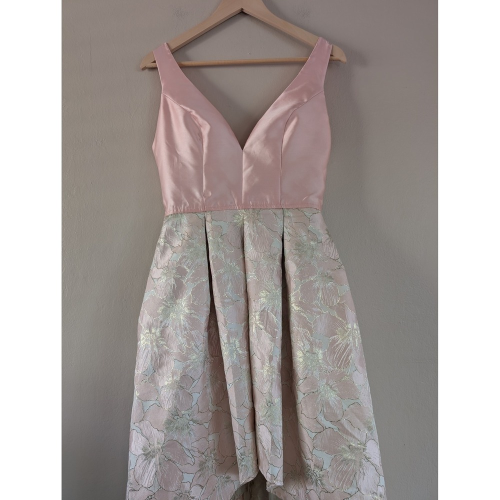 Blush Pink Gold Floral Jacquard High-Low Formal Gown Dress Womens M Wedding - Picture 8 of 16
